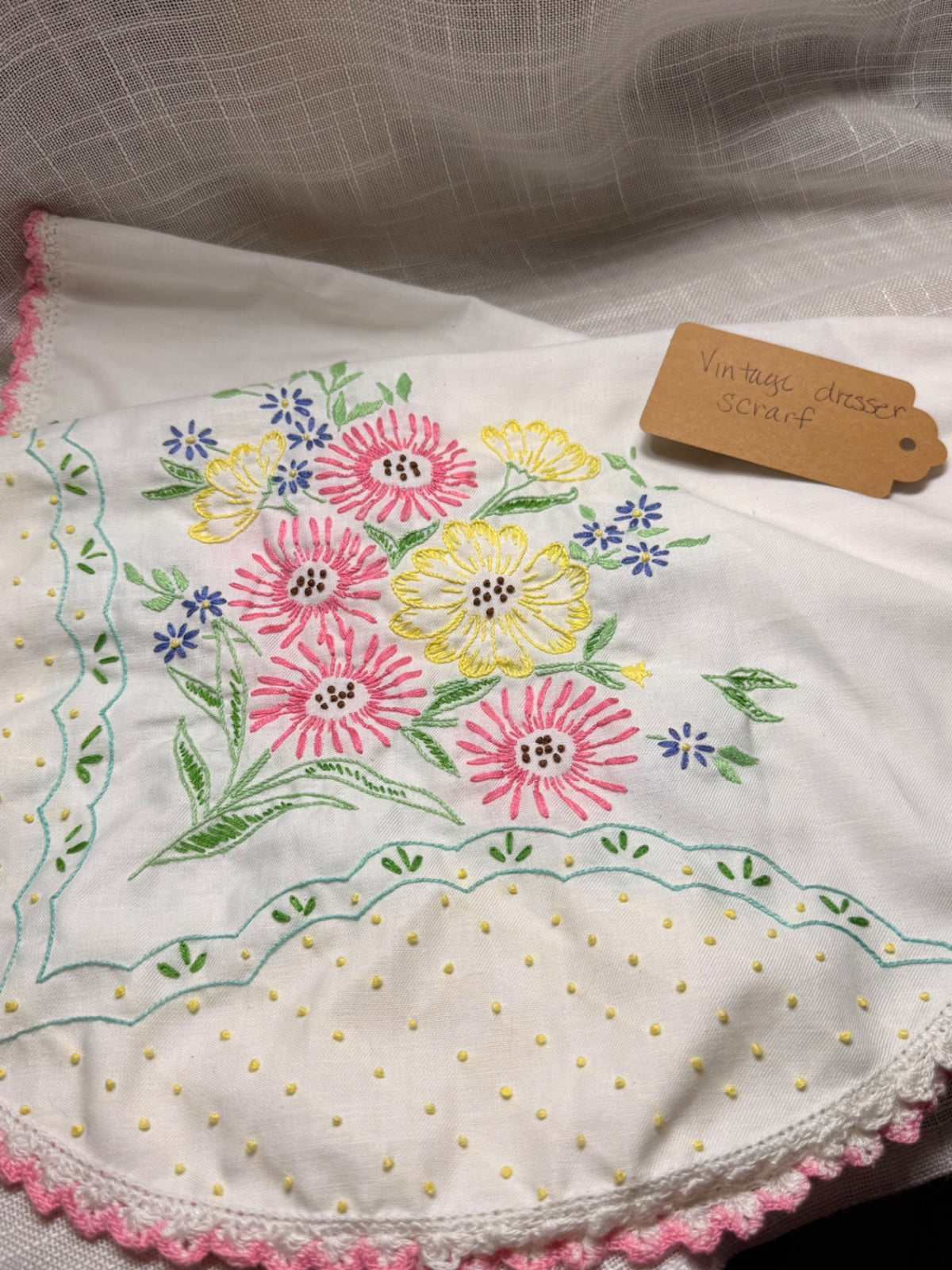Vintage Hand-Embroidered Floral Dresser Scarf | Pink Daisies & Crochet Lace Trim