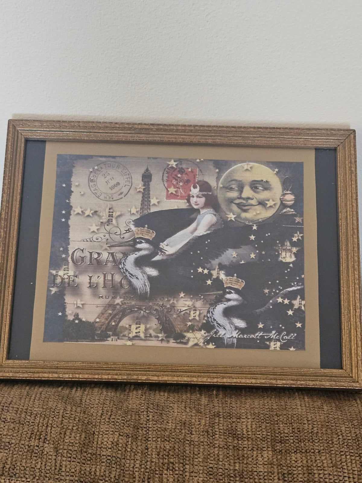 Small vint goldtone wood frame w/moon goddess illus 91/2×7 in approx