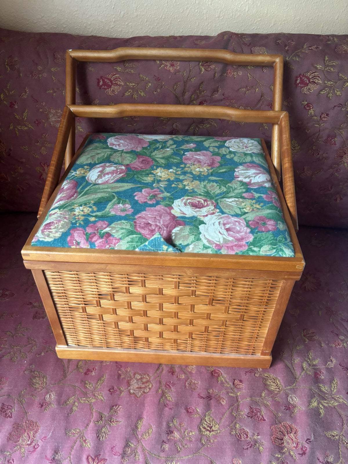 Large wooden sewing basket with handles & tray inside
