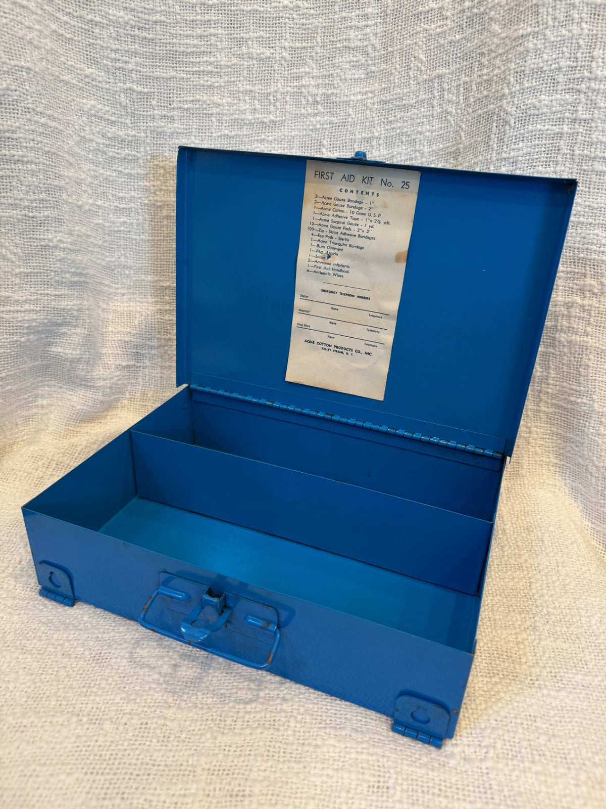 Vintage blue #25 industrial first aid metal box