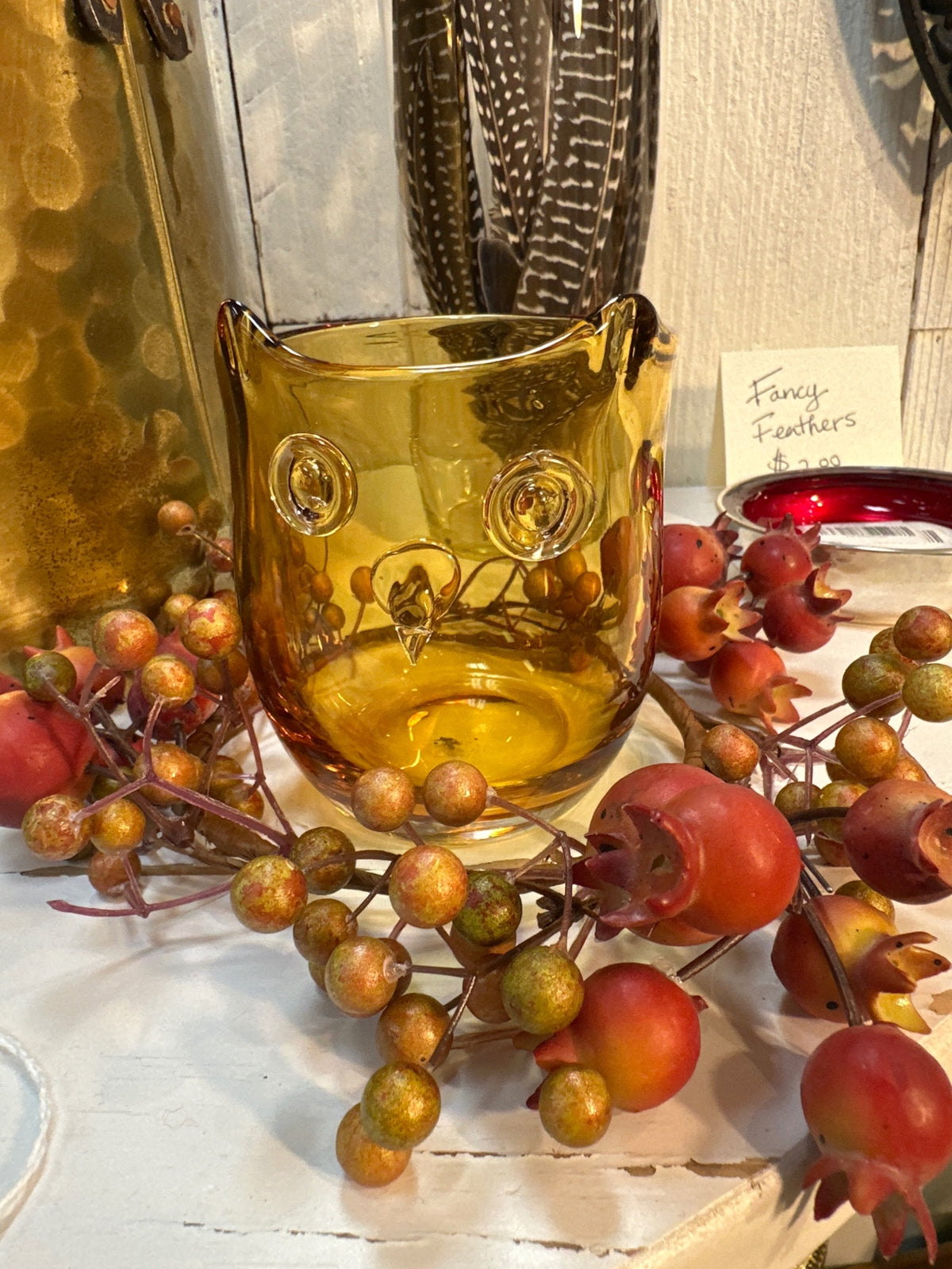 Mid century hand blown amber glass owl cup