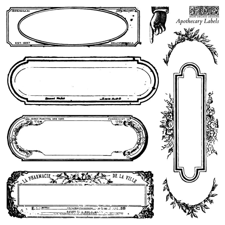 Apothecary Labels 6x6 IOD Stamp (4 Sheets + Envelopes)