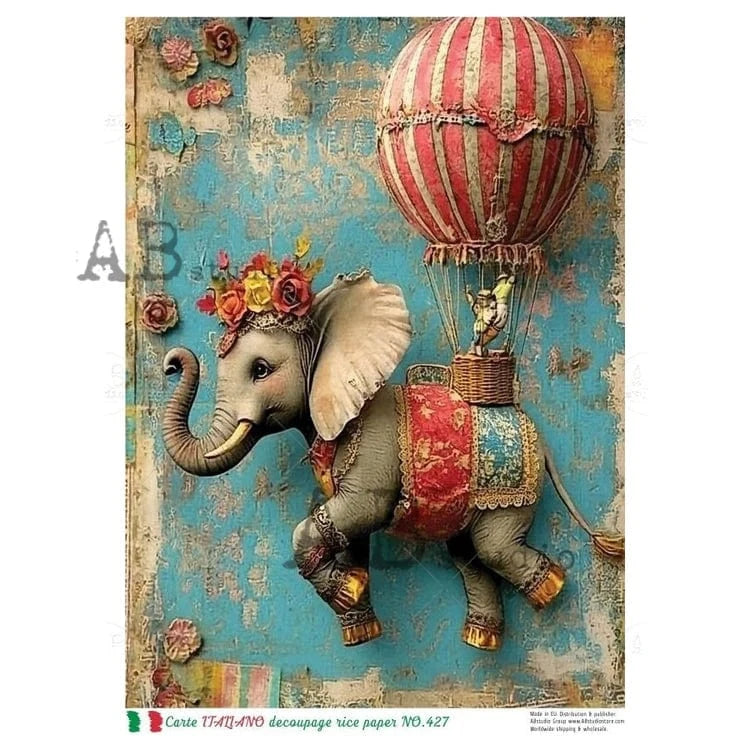Elephant Balloon Ride Decoupage Rice Paper (Carte Italiano No 427)