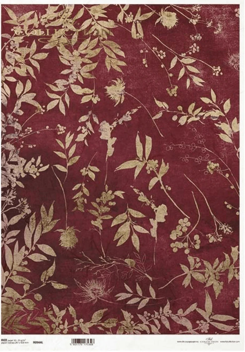 A3 Maroon with Gold Leaf Decoupage Rice Paper (ITD No. R0944L)
