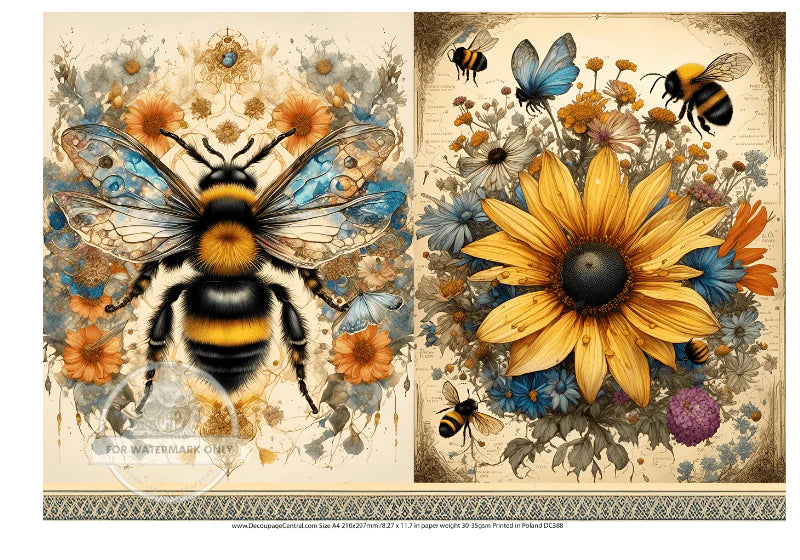 A4 Bee and Daisy Duo Decoupage Rice Paper (DC388)