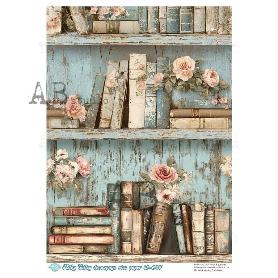 A4 Blue Cottage Bookshelf Decoupage Rice Paper (ID635)