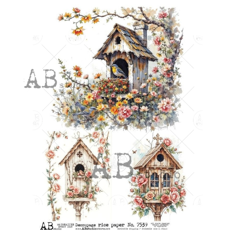 A4 Three Birdhouses Decoupage Rice Paper (AB Studio ID-7539)
