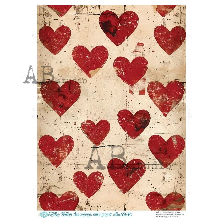 A4 Distressed Hearts Decoupage Rice Paper (Milky Valley ID-1032)