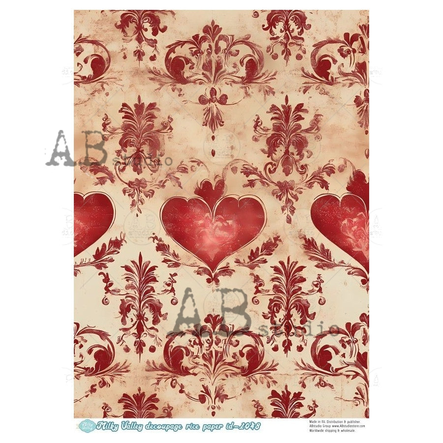A4 Baroque Heart Damask Decoupage Rice Paper (Milky Valley ID-1048)
