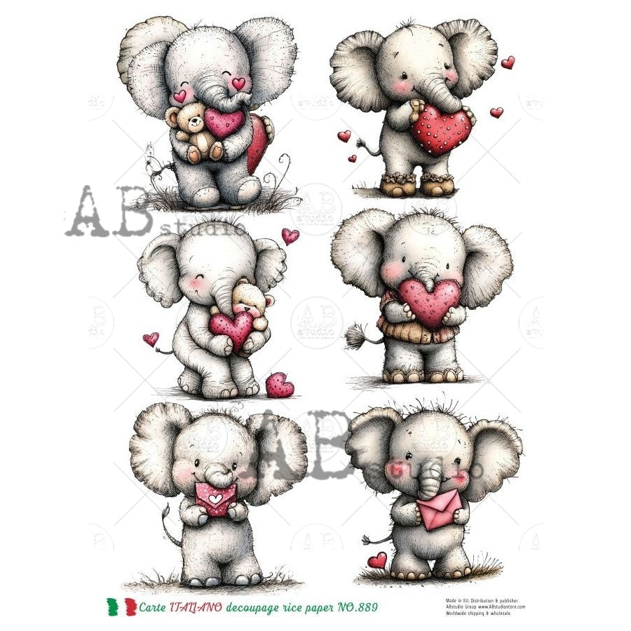 A4 Elephant Love Decoupage Rice Paper (Carte Italiano No 889)