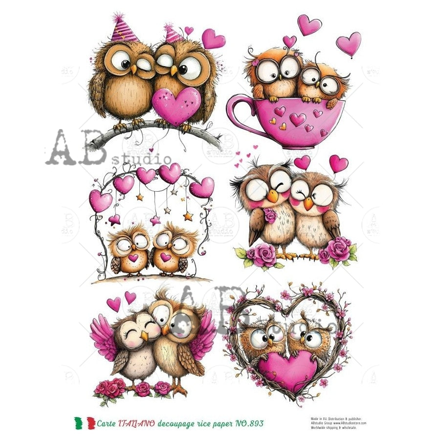 A4 Valentine's Owls Decoupage Rice Paper (Carte Italiano No 893)