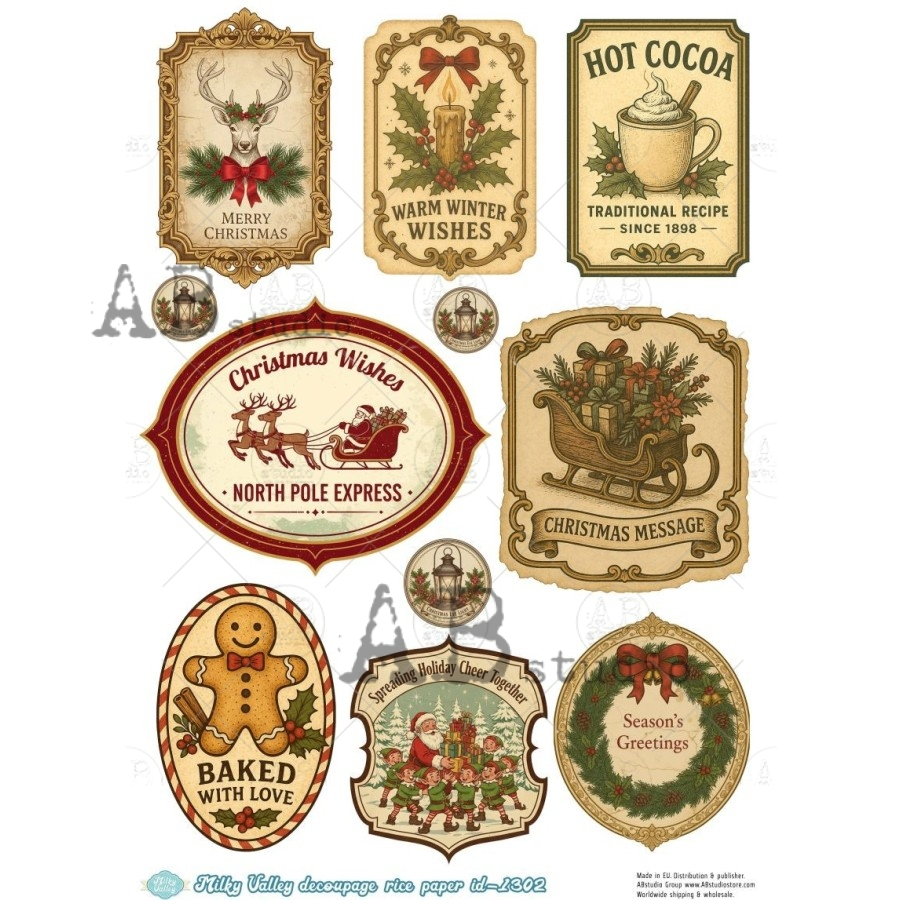 A4 Vintage Christmas Labels Decoupage Rice Paper (Milky Valley ID-1302)