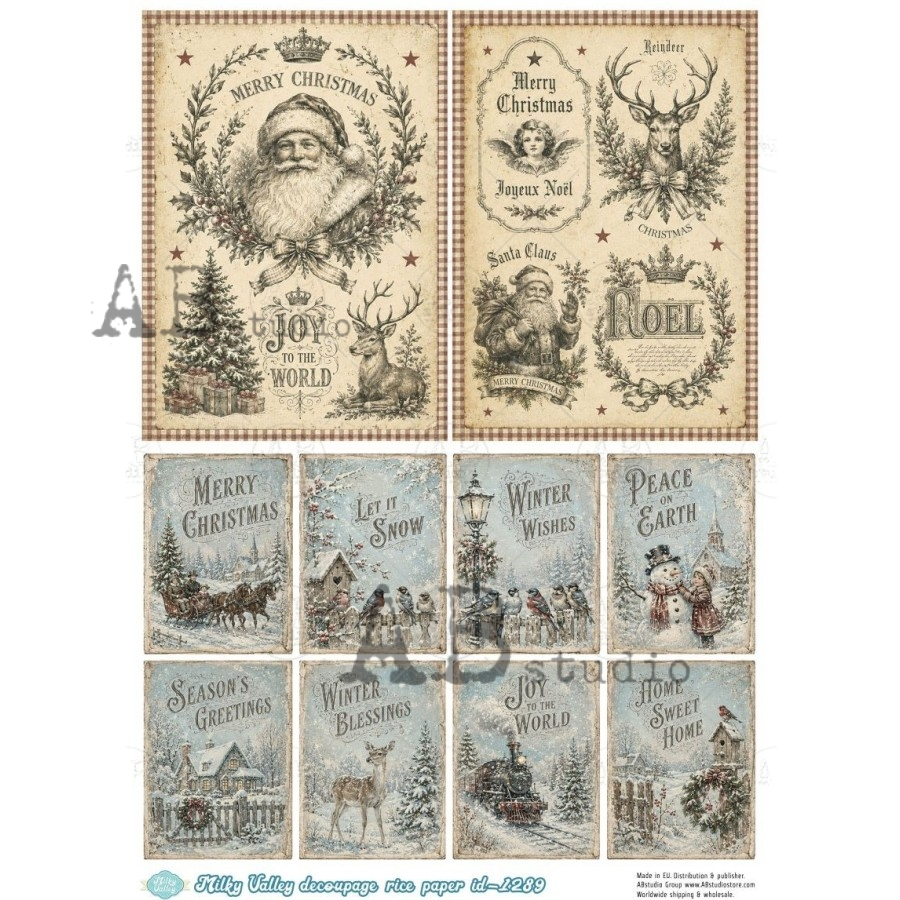 A4 Vintage Christmas Stamps Decoupage Rice Paper (Milky Valley ID-1289)