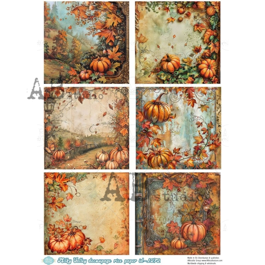 A4 Autumn Pumpkin Collage Decoupage Rice Paper (Milky Valley ID-1272)