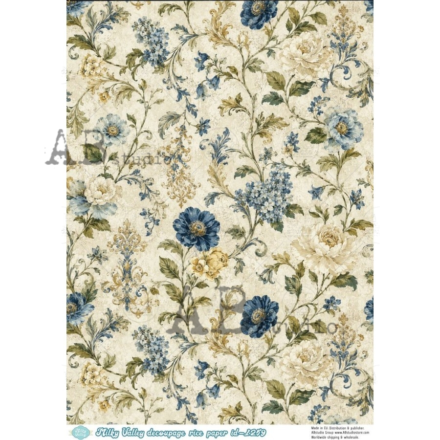 A4 Blue and Ivory Floral Decoupage Rice Paper (Milky Valley ID-1259)