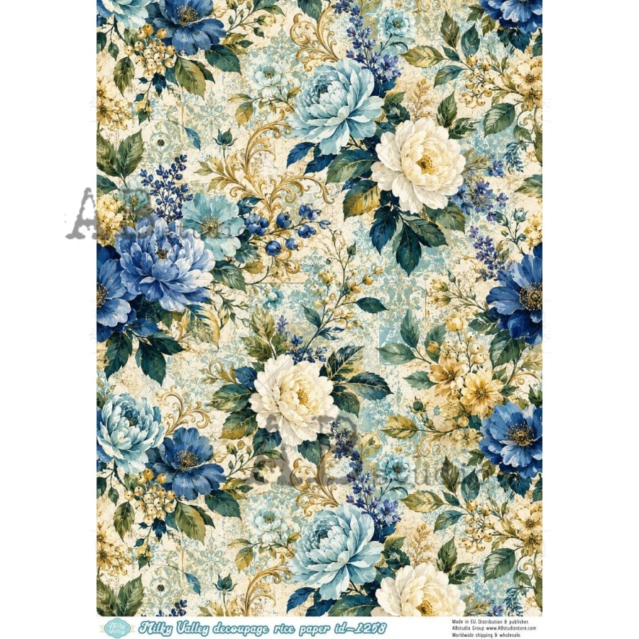 A4 Blue Garden Florals Decoupage Rice Paper (Milky Valley ID-1258)
