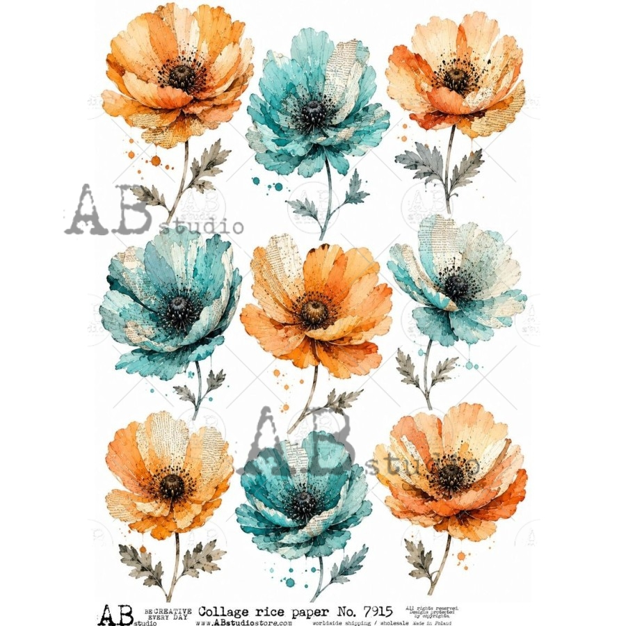 A4 Orange and Teal Poppies Collage Rice Paper (AB Studio No. 7915)