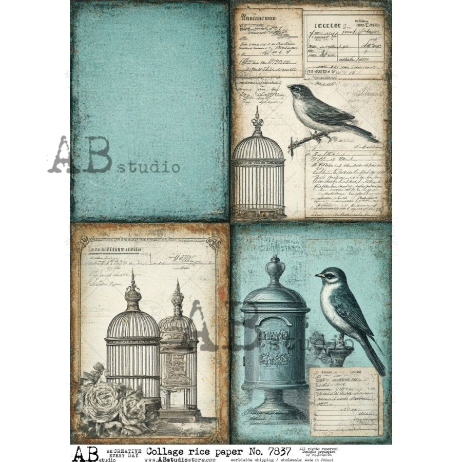 A4 Vintage Birds and Birdcages Collage Rice Paper (AB Studio No. 7837)