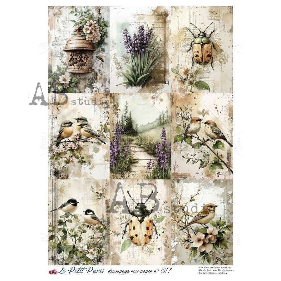 A4 Birds, Botanicals & Bees Decoupage Rice Paper (Le Petit Paris no 517)