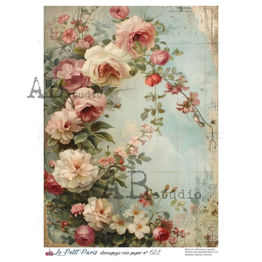 A4 Vintage Pink Florals Decoupage Rice Paper (Le Petit Paris No 622)