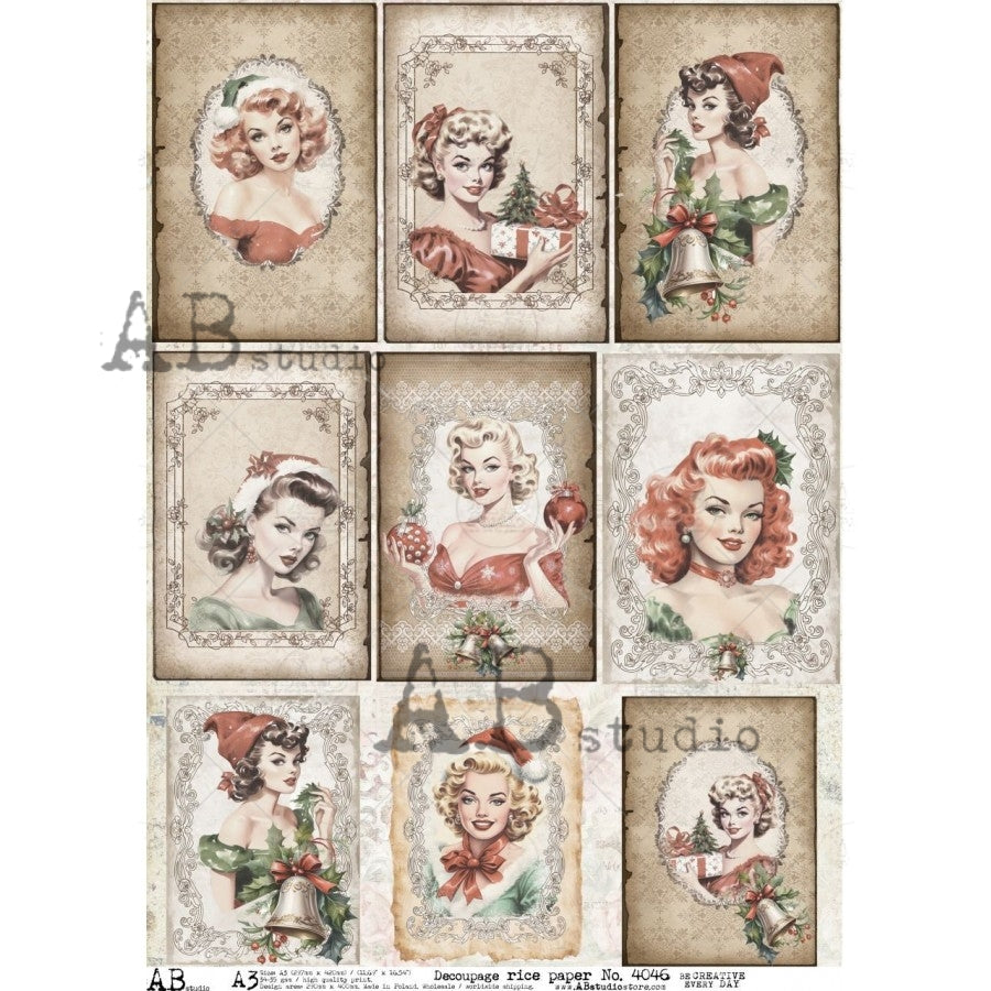A3 Vintage Christmas Pin-Up Cards Decoupage Rice Paper (AB Studio No4046)