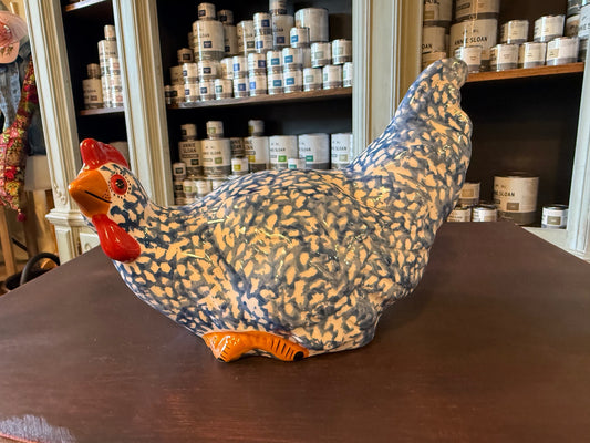 Blue and white ceramic chicken