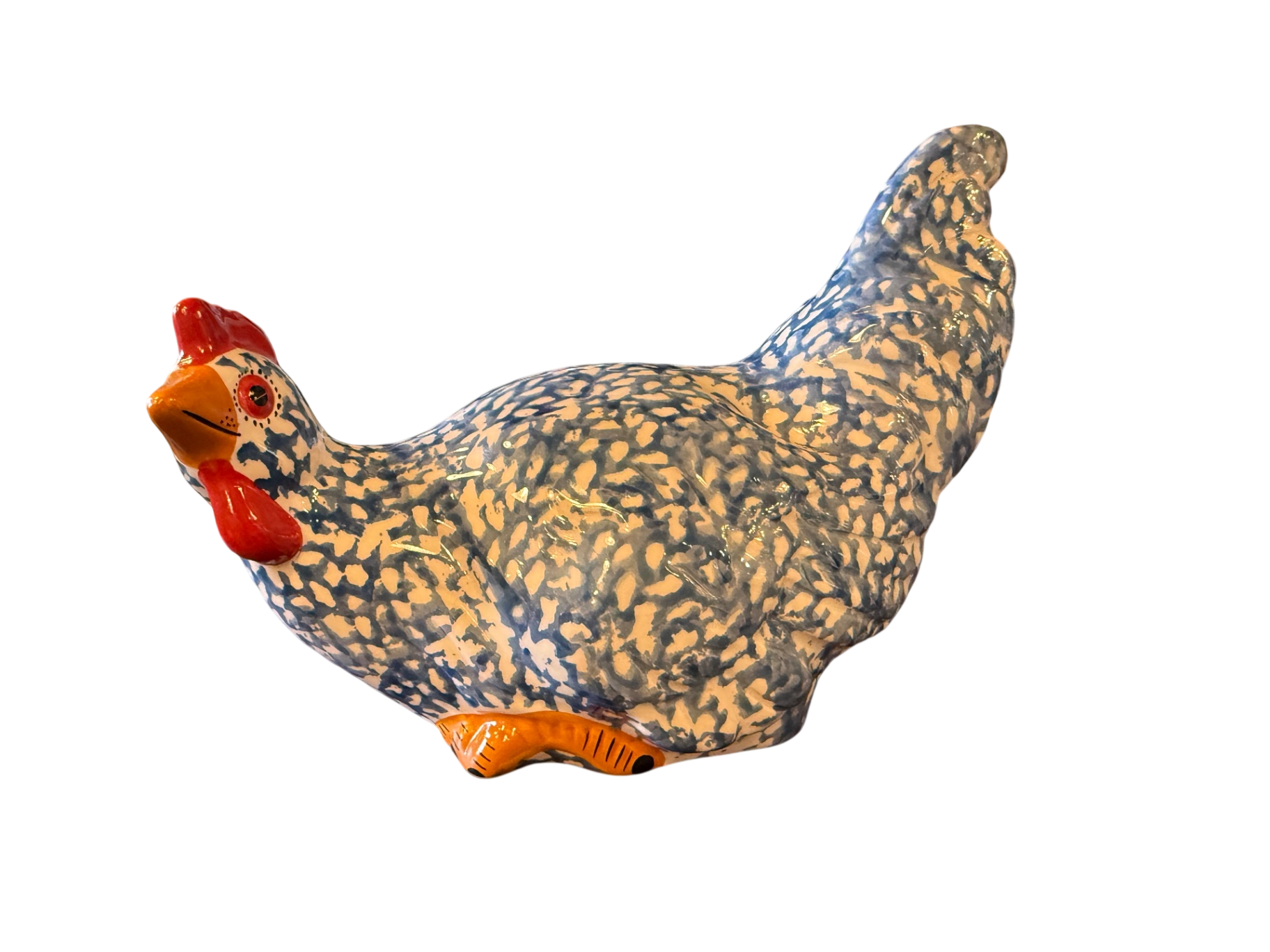 Blue and white ceramic chicken