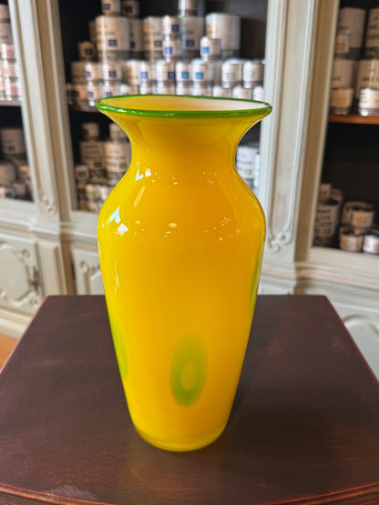 Large Yellow Art Glass Vase with Green Accents