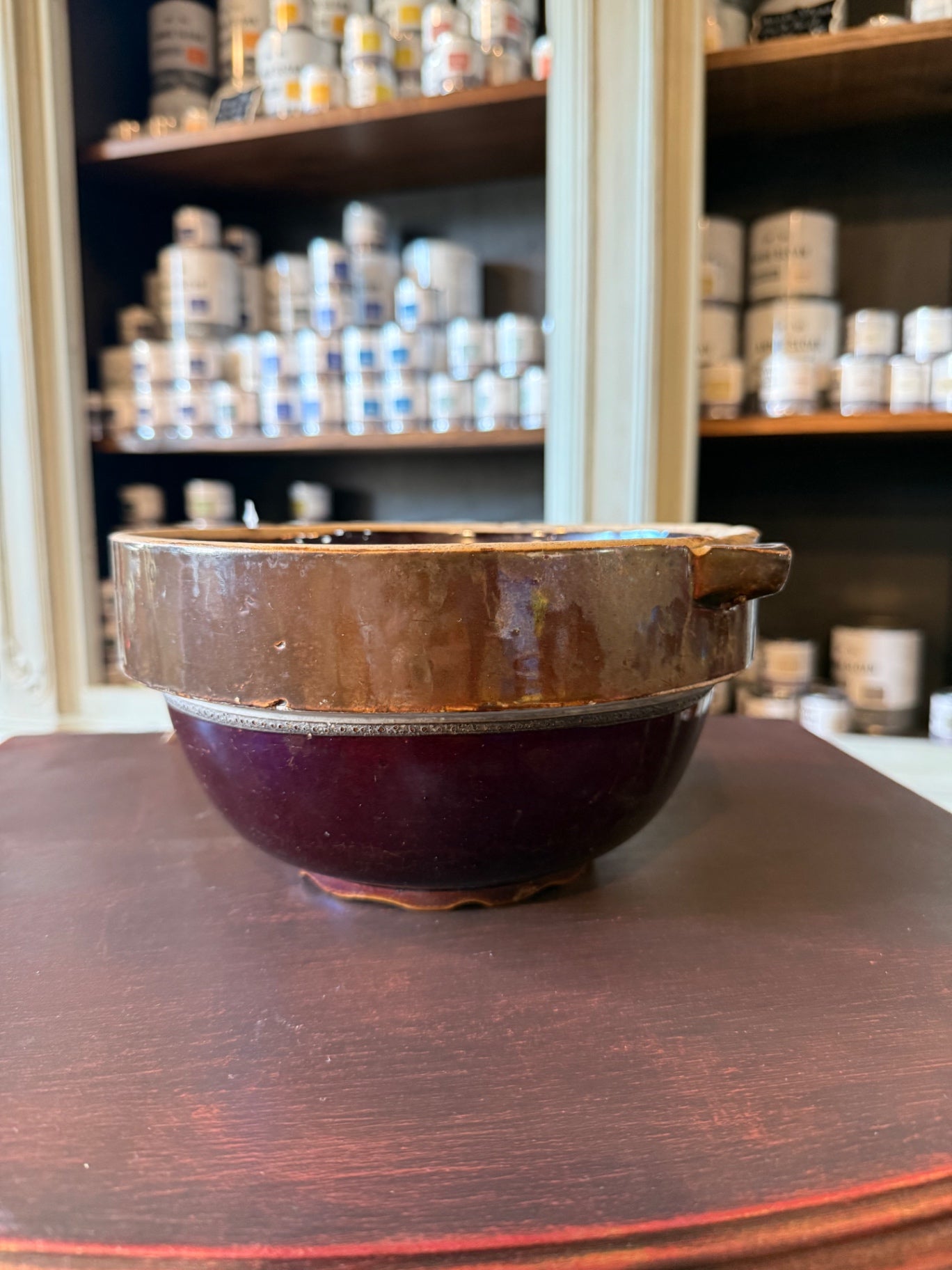 Vintage Brown Glazed Stoneware Bowl with Handles