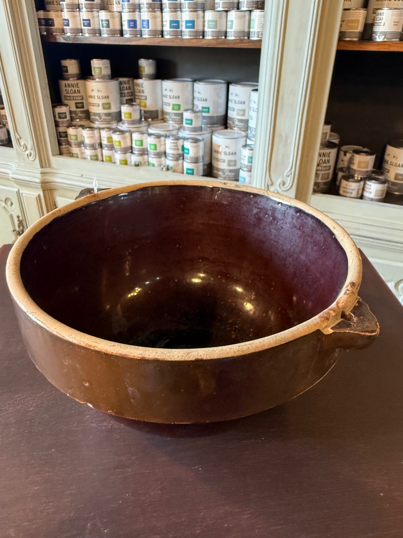 Vintage Brown Glazed Stoneware Bowl with Handles