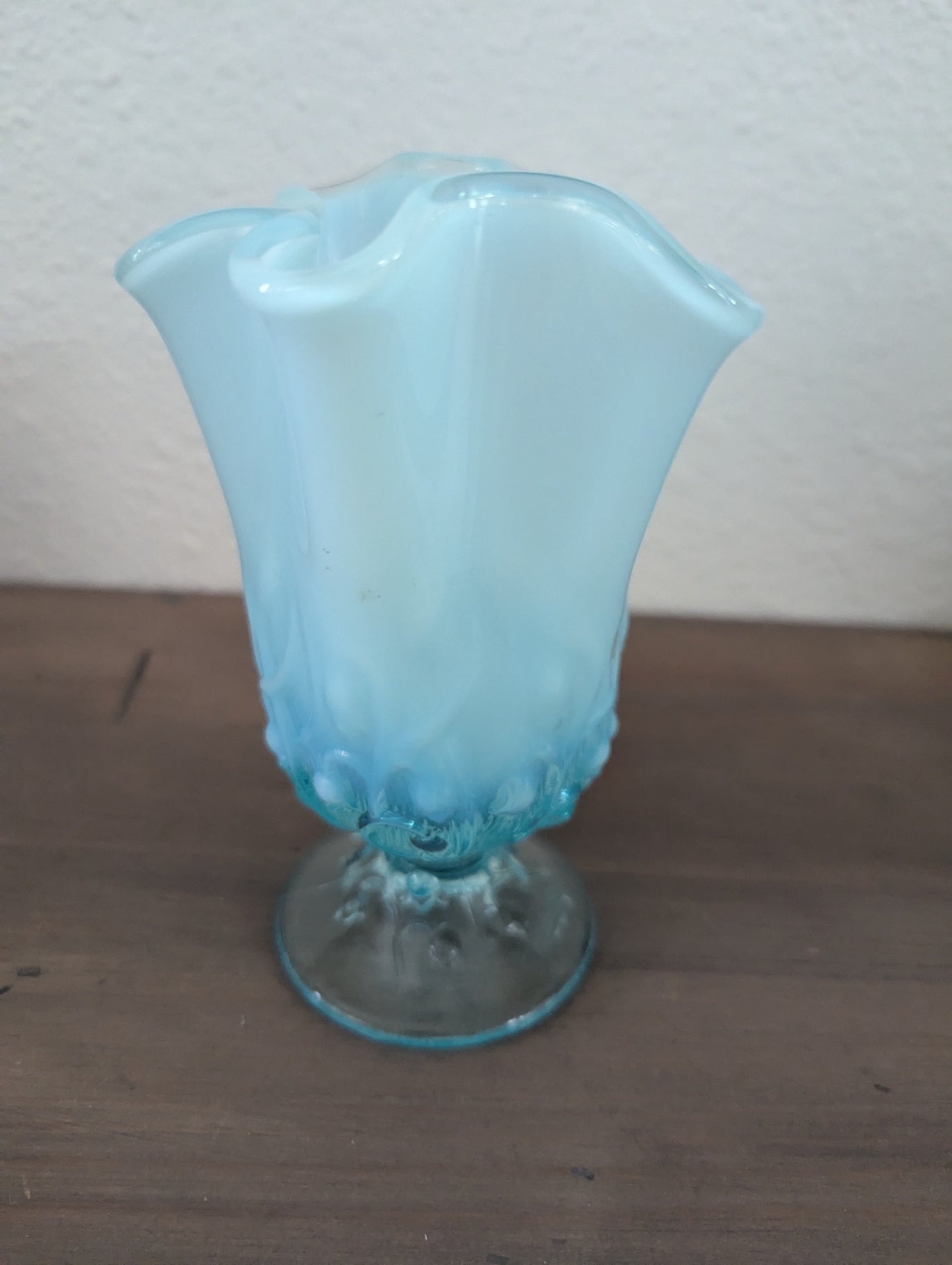 Vtg. Fenton Blue Opalescent Handkerchief Vase