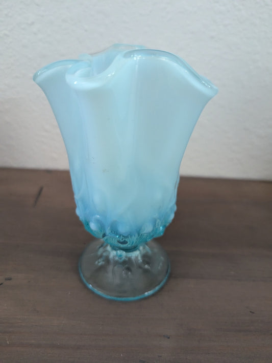 Vtg. Fenton Blue Opalescent Handkerchief Vase