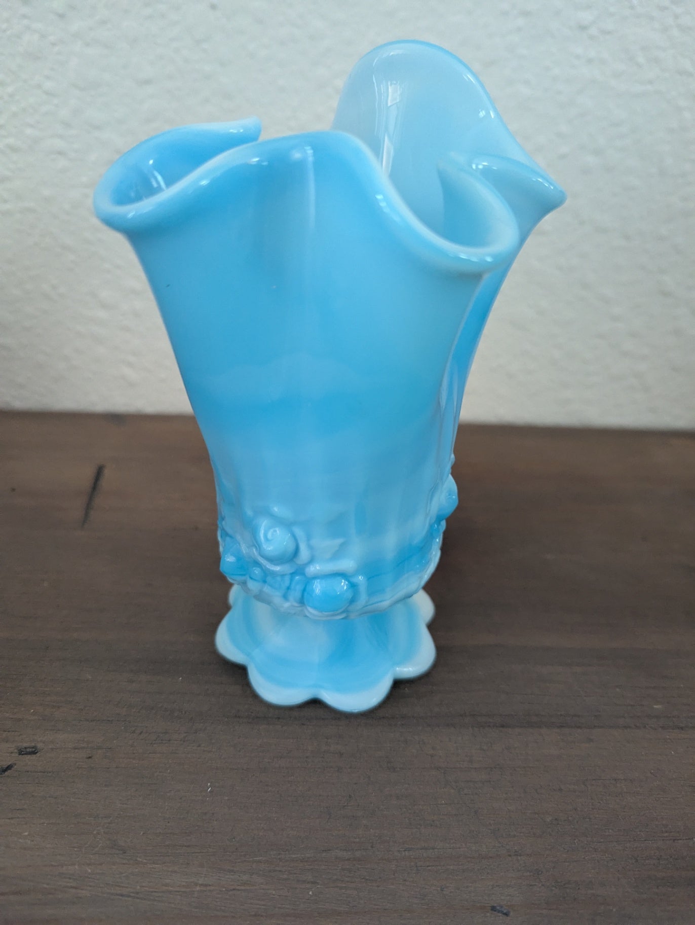 1970's Fenton Blue-Slag/Marble Glass Cabbage Rose Ruffled Vase