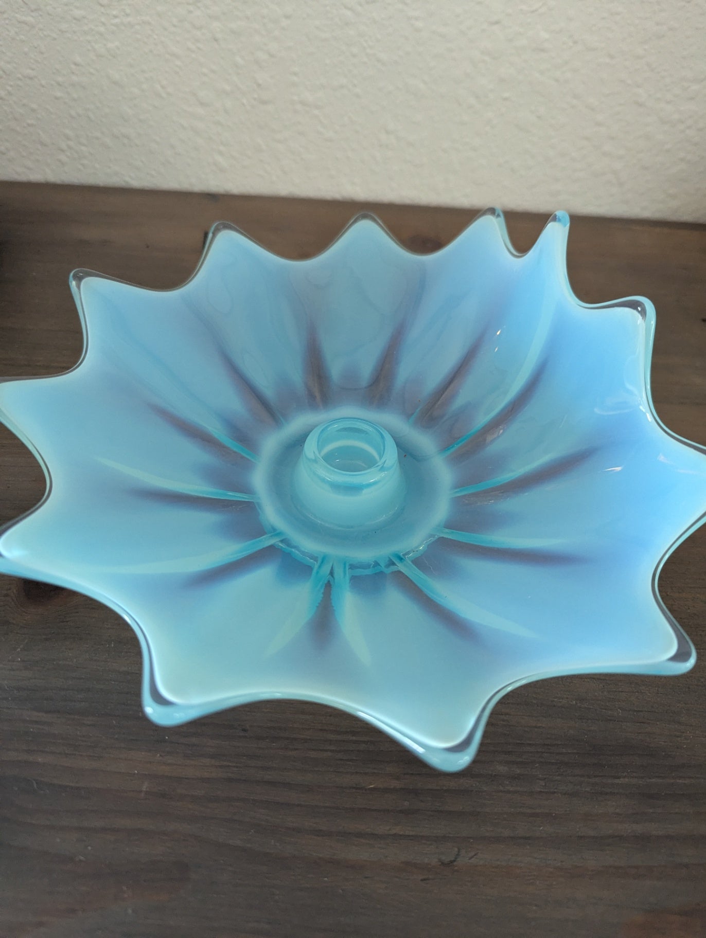 1960's Fostoria Glass "Heirloom" Blue Opalescent Candle Bowl
