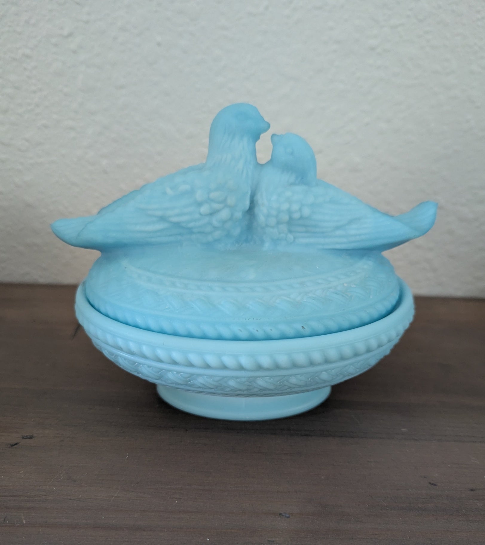 Westmoreland Glass "Love Birds on Nest" Blue Milk/Oapaline Covered Dish