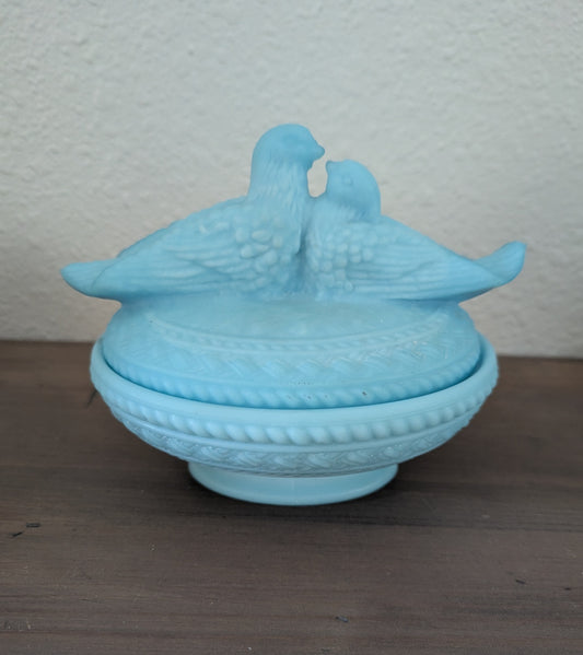 Westmoreland Glass "Love Birds on Nest" Blue Milk/Oapaline Covered Dish