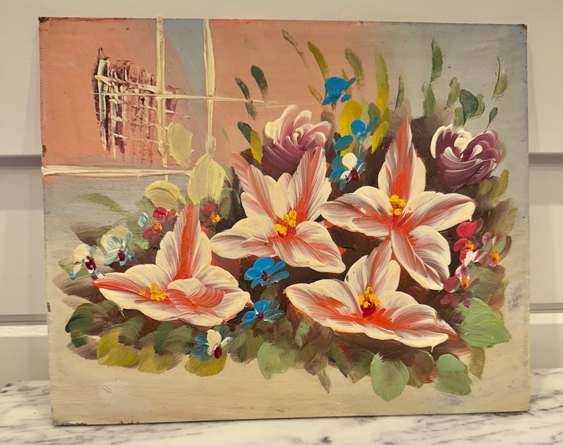 Vintage floral oil painting on board