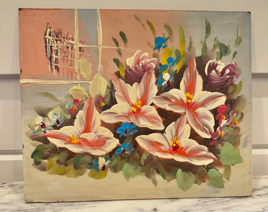 Vintage floral oil painting on board