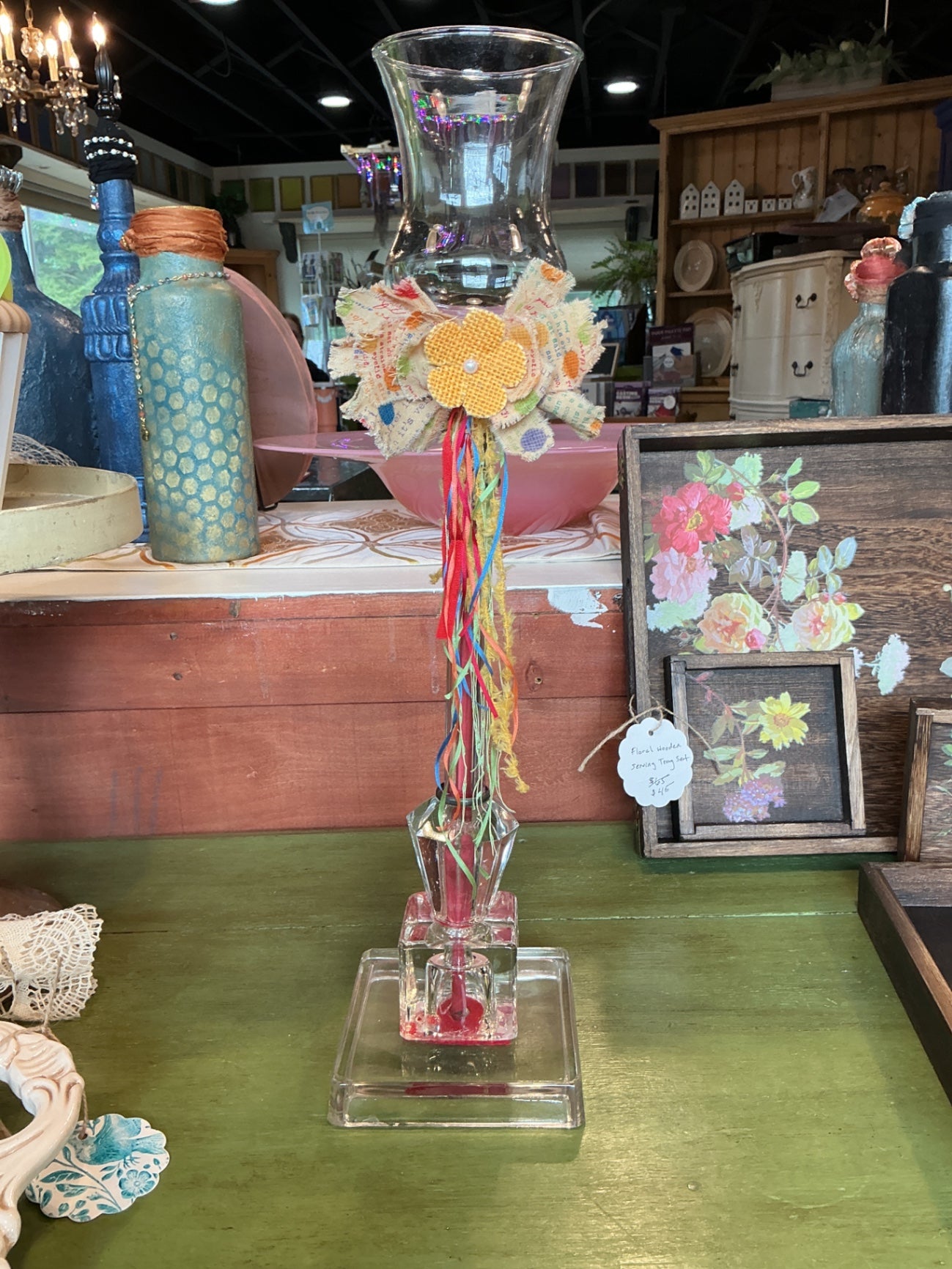 Glass candle holder Tall, approximately 12 inches Clear/Transparent