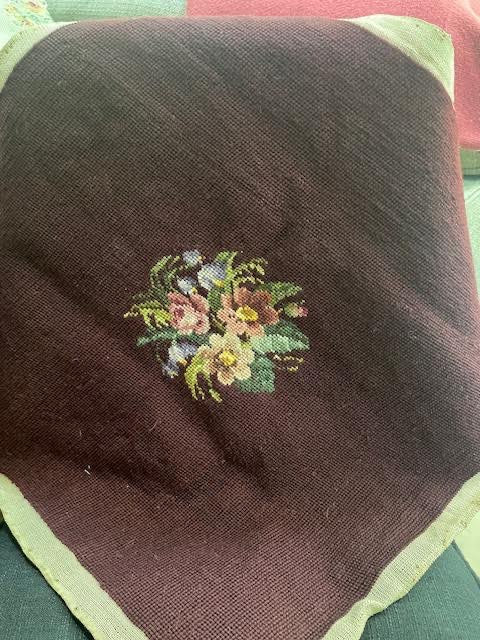 Antique Needlepoint Piece with Center Floral Motif Maroon Background 22" square 