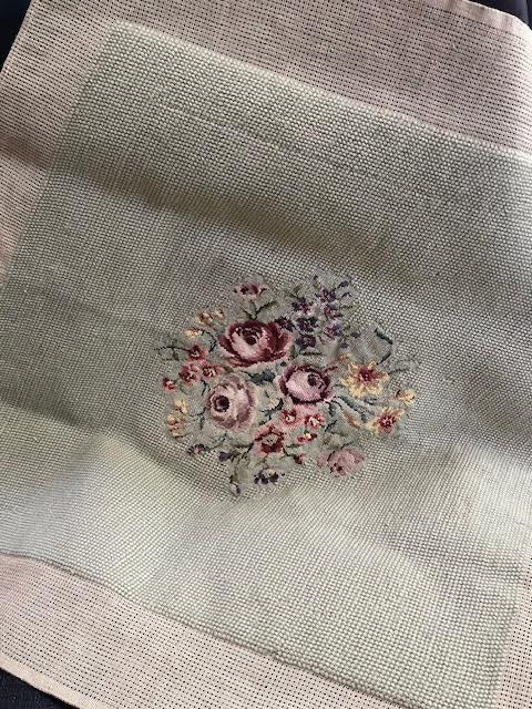 Antique Needlepoint with Floral Motif  Sage background 22" square 