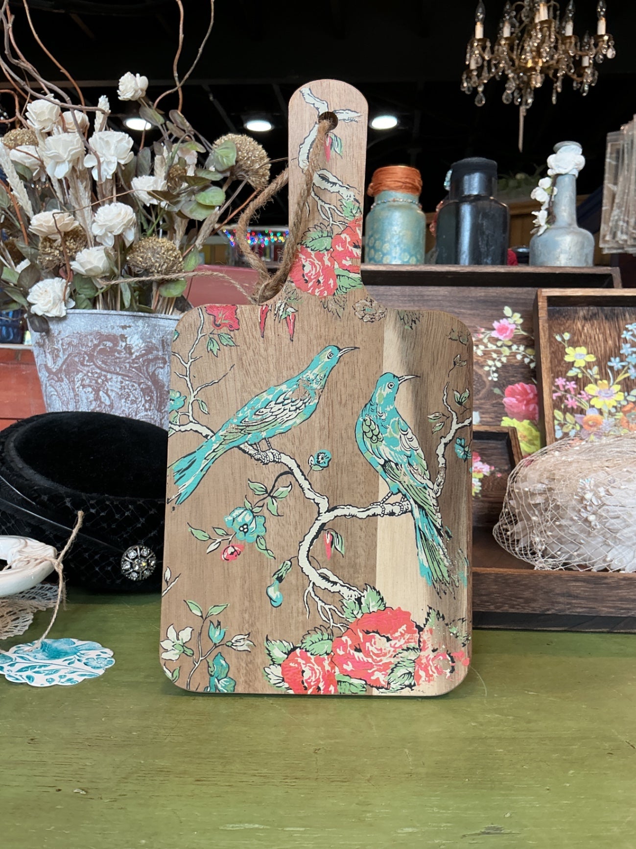 Wooden cutting board with floral design Wooden brown, with colorful painted birds and flowers