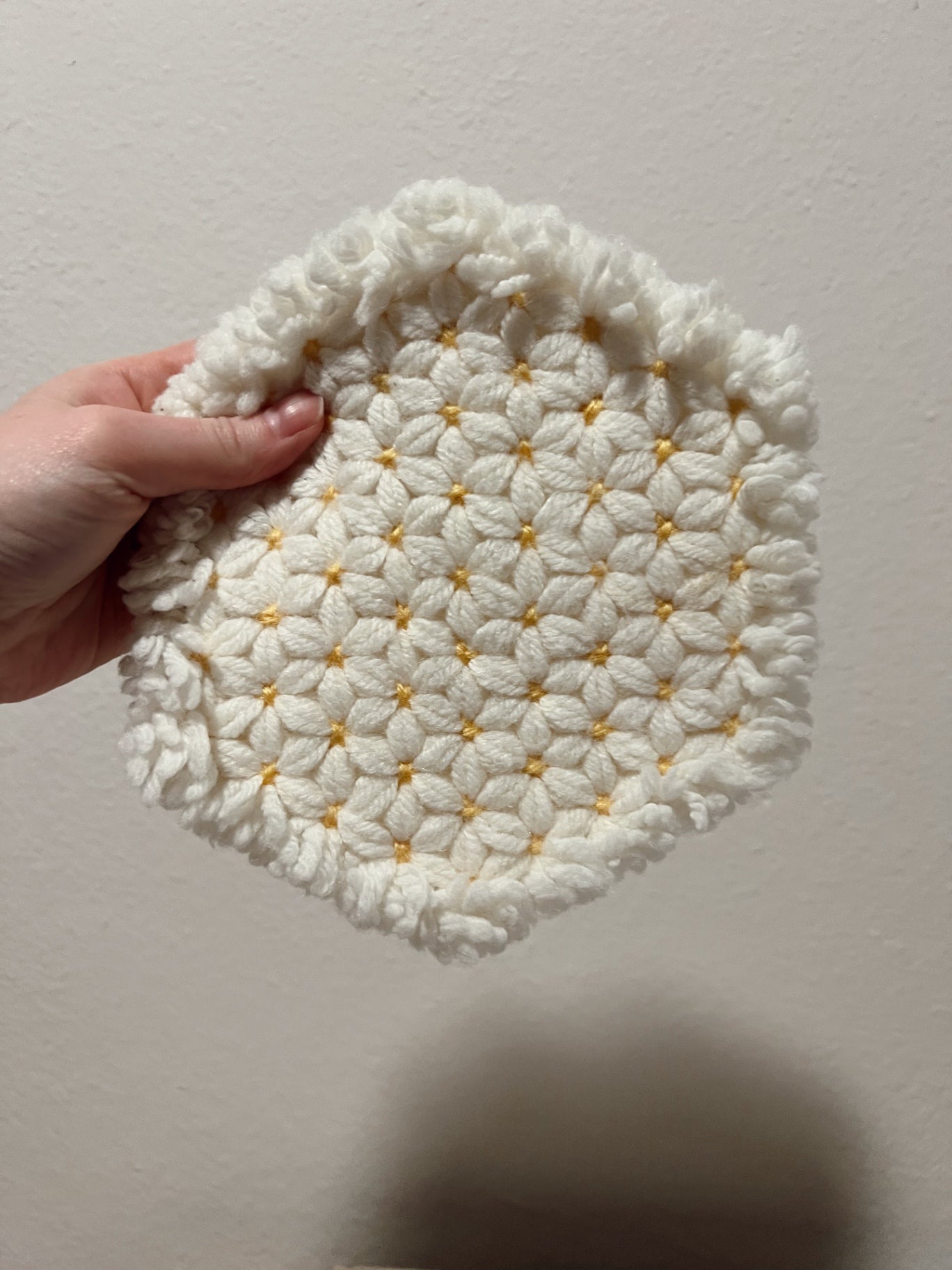 Fluffy White Floral Decorative Hotpad with Yellow Accents