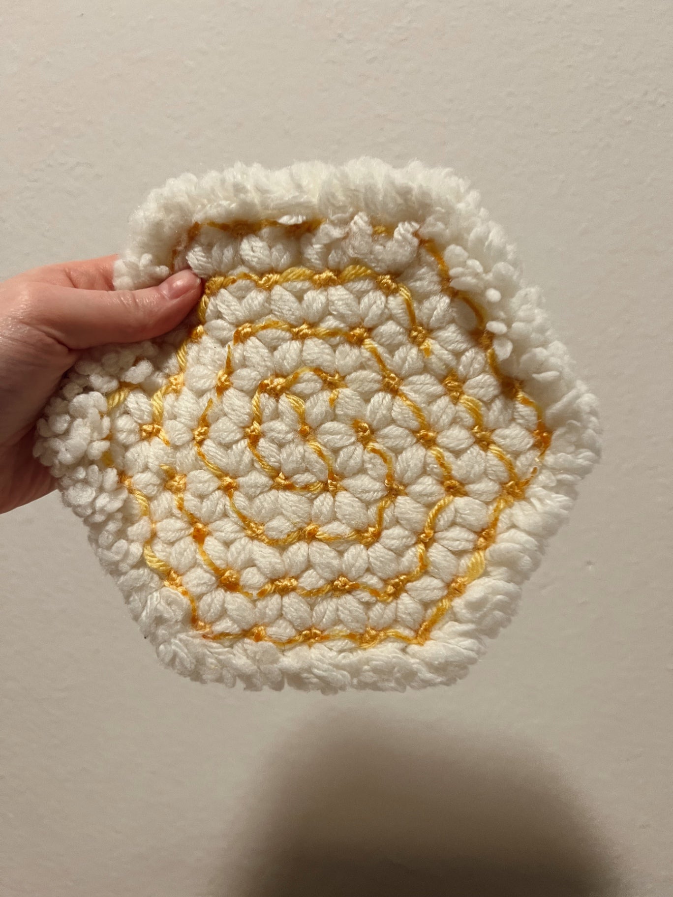 Fluffy White Floral Decorative Hotpad with Yellow Accents