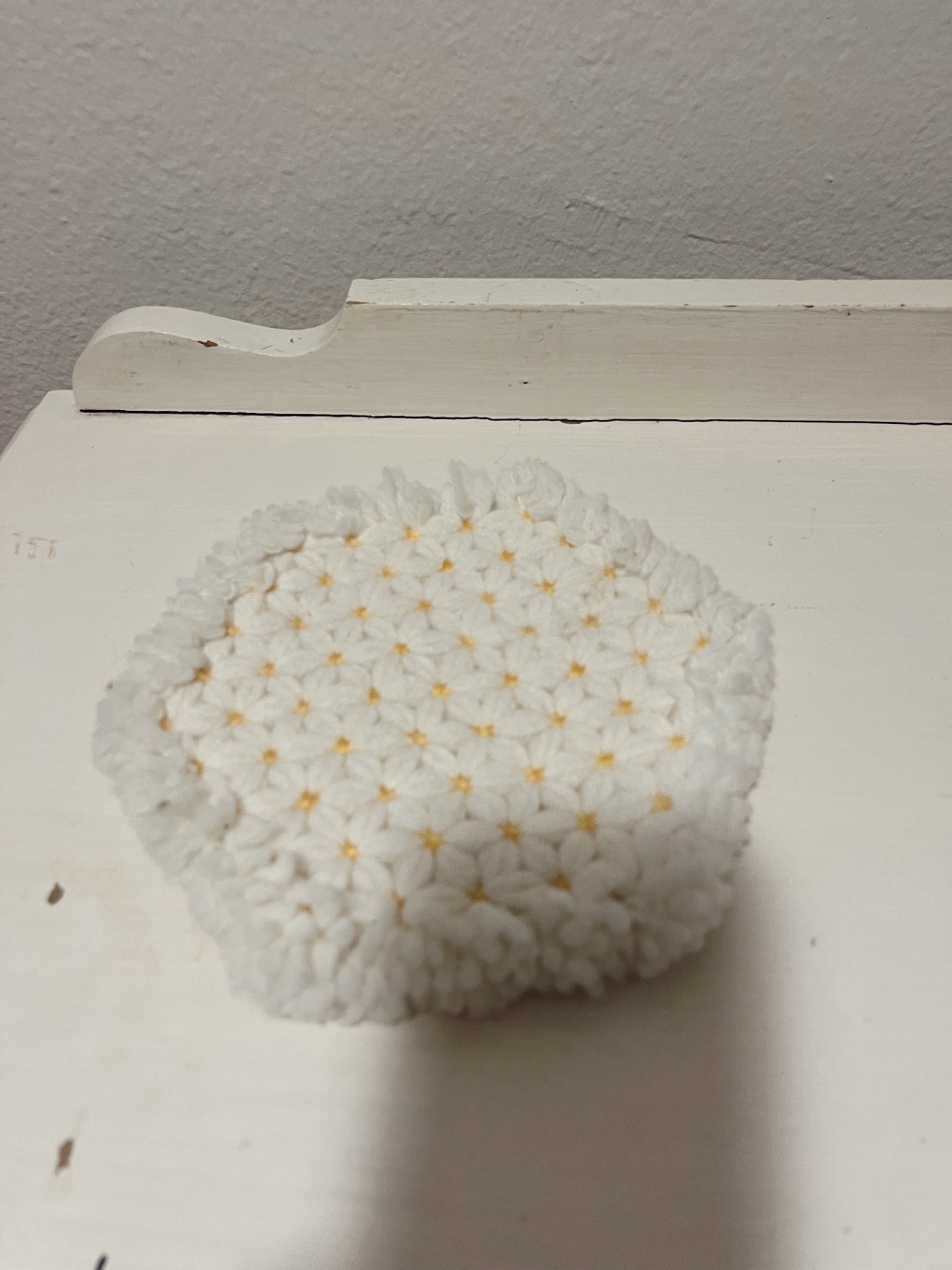 Fluffy White Floral Decorative Hotpad with Yellow Accents
