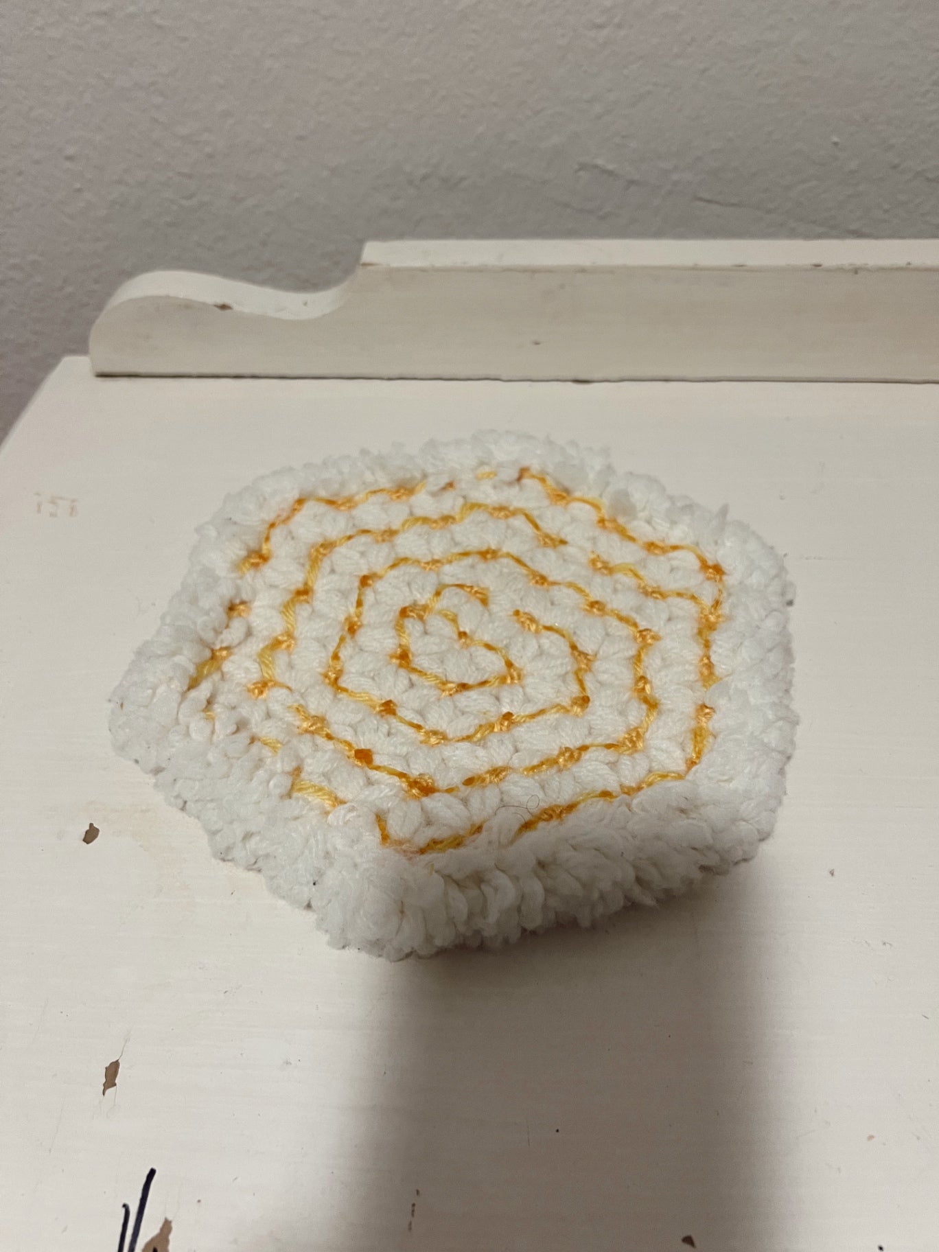 Fluffy White Floral Decorative Hotpad with Yellow Accents