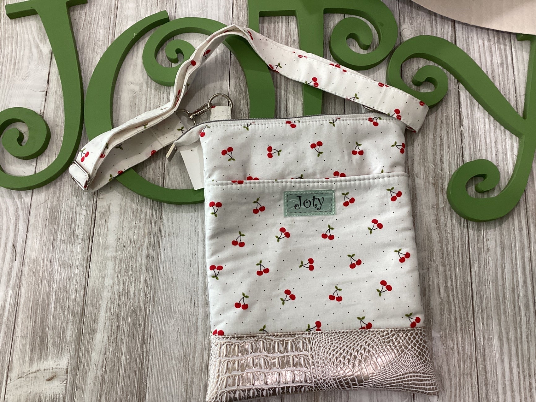 Cross body purse, cloth, cherries