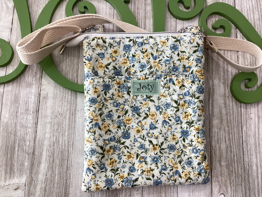 Crossbody purse, blue and yellow flowers, fabric