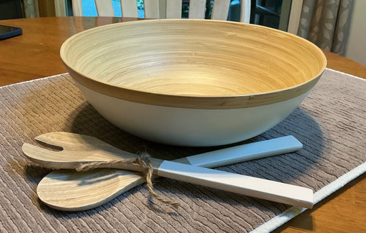 LARGE BAMBOO SALAD BOWL w/ Servers
