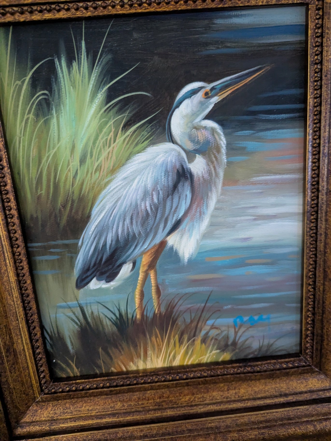 Vtg. Oil Painting of Blue Heron 48/60